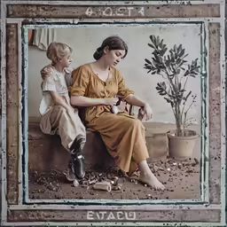 a woman sitting next to a little girl holding a small potted plant