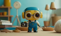 a yellow and blue toy with a camera