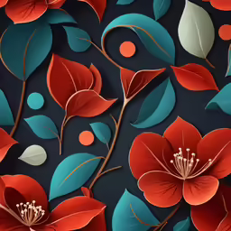 floral design with red and blue flowers and green leaves