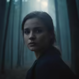 the girl is looking at the camera in the dark