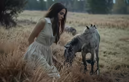 the woman is standing in a field with two horses