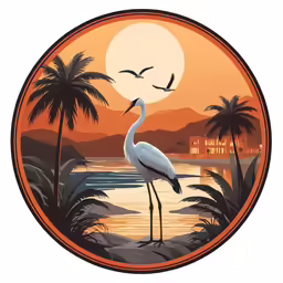 the great egret stands on an island with palm trees under the moonlit sky