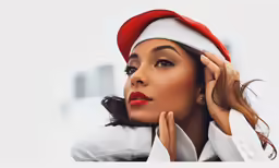 a woman in a hat with her hand on her cheek