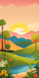 there is a painting of a green river and trees,a painting of a landscape of mountains and trees