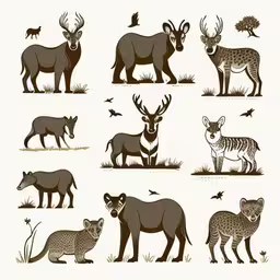 six different types of animals standing in grass,a series of animals from an old book