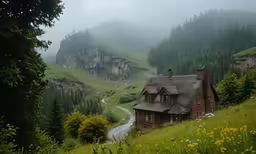 an old style house in the middle of a scenic area