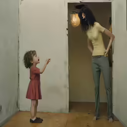 a woman standing in front of a door with a child
