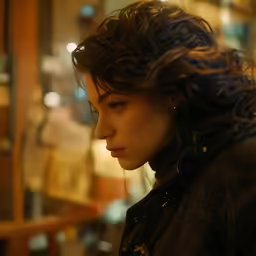 a woman looking off into the distance in a room