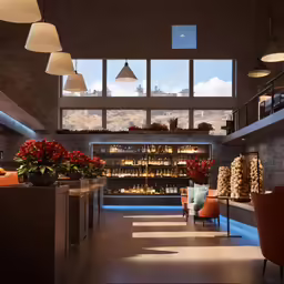 an open area with several light fixtures and various flower arrangements