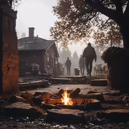 two men standing next to fire in an old town