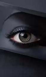 an eye peers out from an opening in a hood