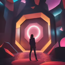 a young woman standing in a brightly colored tunnel