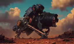 a large, robotic camera with big lenses and a sky background