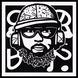 the image shows a man wearing glasses and a hat,a black and white drawing of a man in glasses, hat and beard