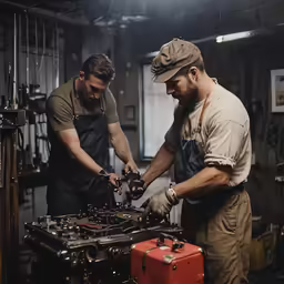 two men in an engine workshop working on a engine