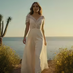 a woman stands in front of the ocean wearing a dress