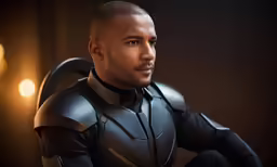 a man in a futuristic suit sits in front of a bright light