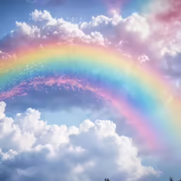 rainbow in the sky, surrounded by fluffy clouds