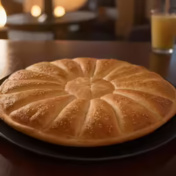 a baked bread on a black plate next to some glass
