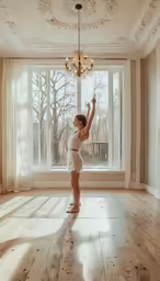 a little girl doing a little yoga pose near the window