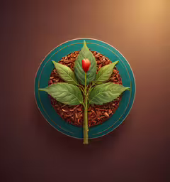 a small green flower with red petals on a blue plate,a plate of a green plant on a purple plate
