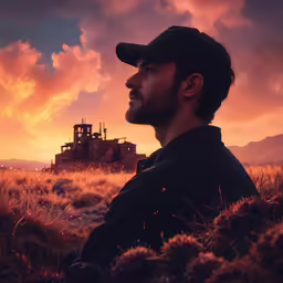 man with beard and baseball cap sitting in field during sunset