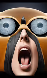 woman with strange eyes and nose wearing a mask