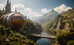 futuristic landscape overlooking river with a bridge