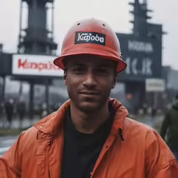 a man is wearing an orange jacket and a safety helmet