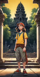 a kid in a yellow shirt and shorts with a backpack,the poster shows a boy with a backpack on