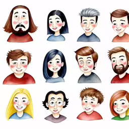 an illustrated image of some people and emotions,a drawing of different people with beards