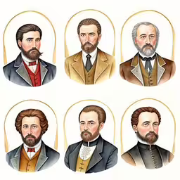 four different men with beards sitting in oval frames,five men in suits and ties are wearing different outfits