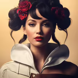 a woman is wearing three red roses in her hair