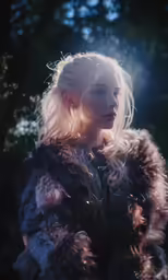 a close up of a person wearing fur and a sun shining