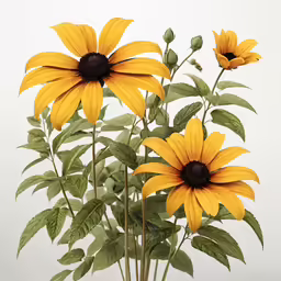 a group of yellow flowers with leaves in a vase