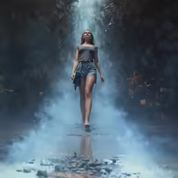 a woman walking down the runway wearing all denim shorts