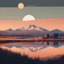 the view of mountains across a lake, during sunset,an image of the mountains that are reflecting in water