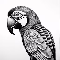 a drawing of a black and white parrot