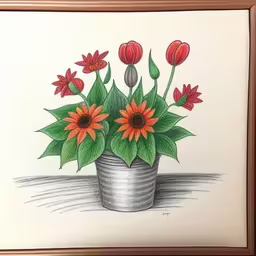 a drawing of flowers in a pot,colored picture with flowers in bucket on table,there are red flowers in a gray vase,a painting of flowers on a sheet of paper,a picture of red and orange flowers in a pot
