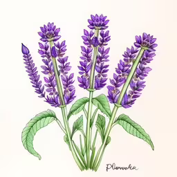some purple flowers that are on the stalk,a purple flower blooming in the middle of leaves,a drawing of purple flowers on white paper,a drawing of purple flowers and green leaves,purple flowers on green leaves are shown in this drawing
