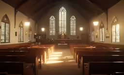 an empty church that has benches and windows