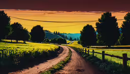 a painting of a dirt road at sunset,the rural landscape is painted yellow and green