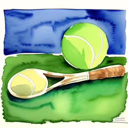 a drawing of a tennis ball and racket,a tennis racket and ball laying on the grass,a tennis ball and a racket on grass,a watercolor drawing of a tennis racket and ball on the ground,a watercolor painting of two tennis balls and rackets