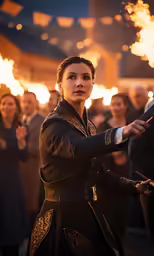 a woman holding torches in her hands near some people