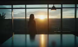 person standing in kitchen at sunset looking out a window