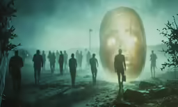 a group of people walking around a dark forest