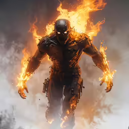 a man in a gas mask is walking behind a blazing fire