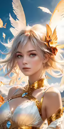 a lady with wings on her shoulder, and dress