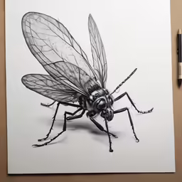 a drawing of a fly sitting on top of a white paper