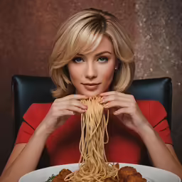 a woman is holding a fork in front of a plate of spaghetti